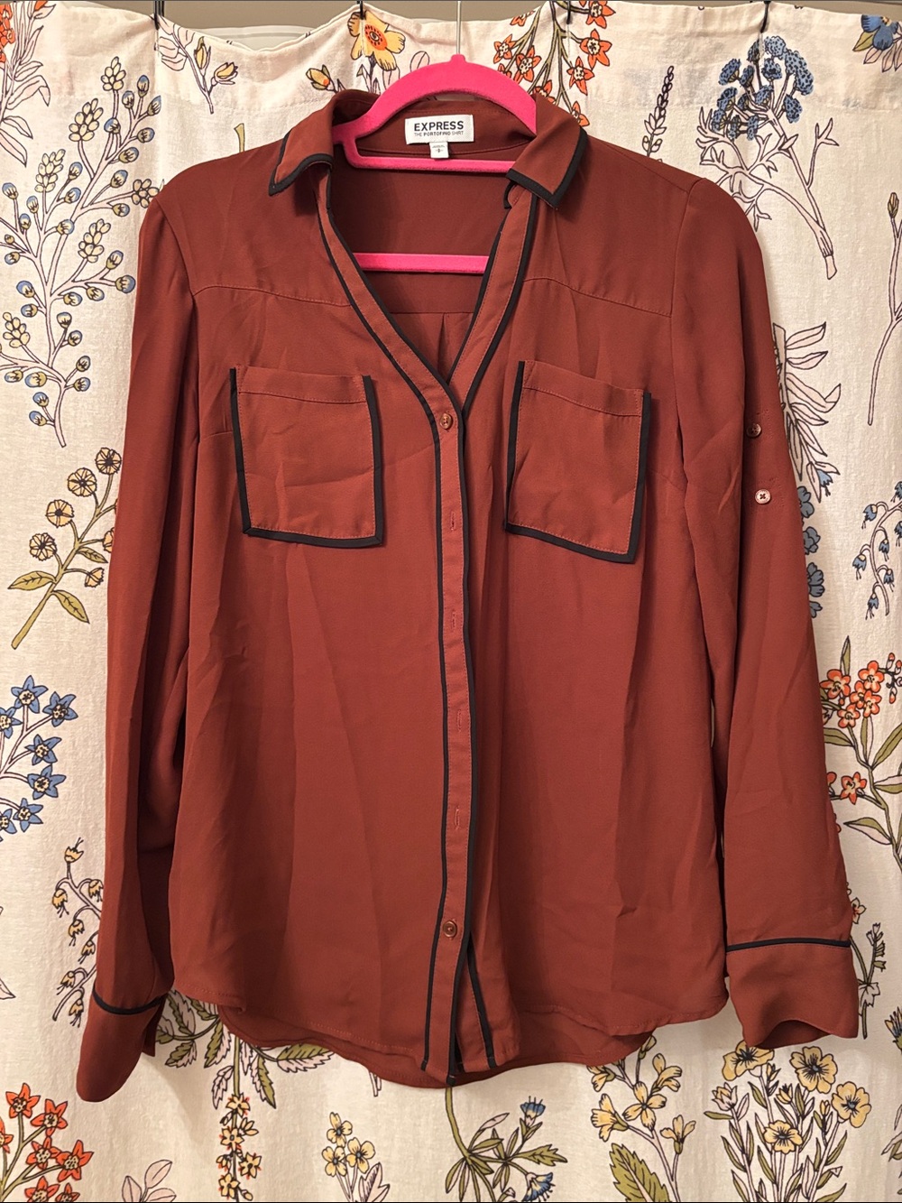 Express Rust Red-Brown Button Front Shirt with Black Trim